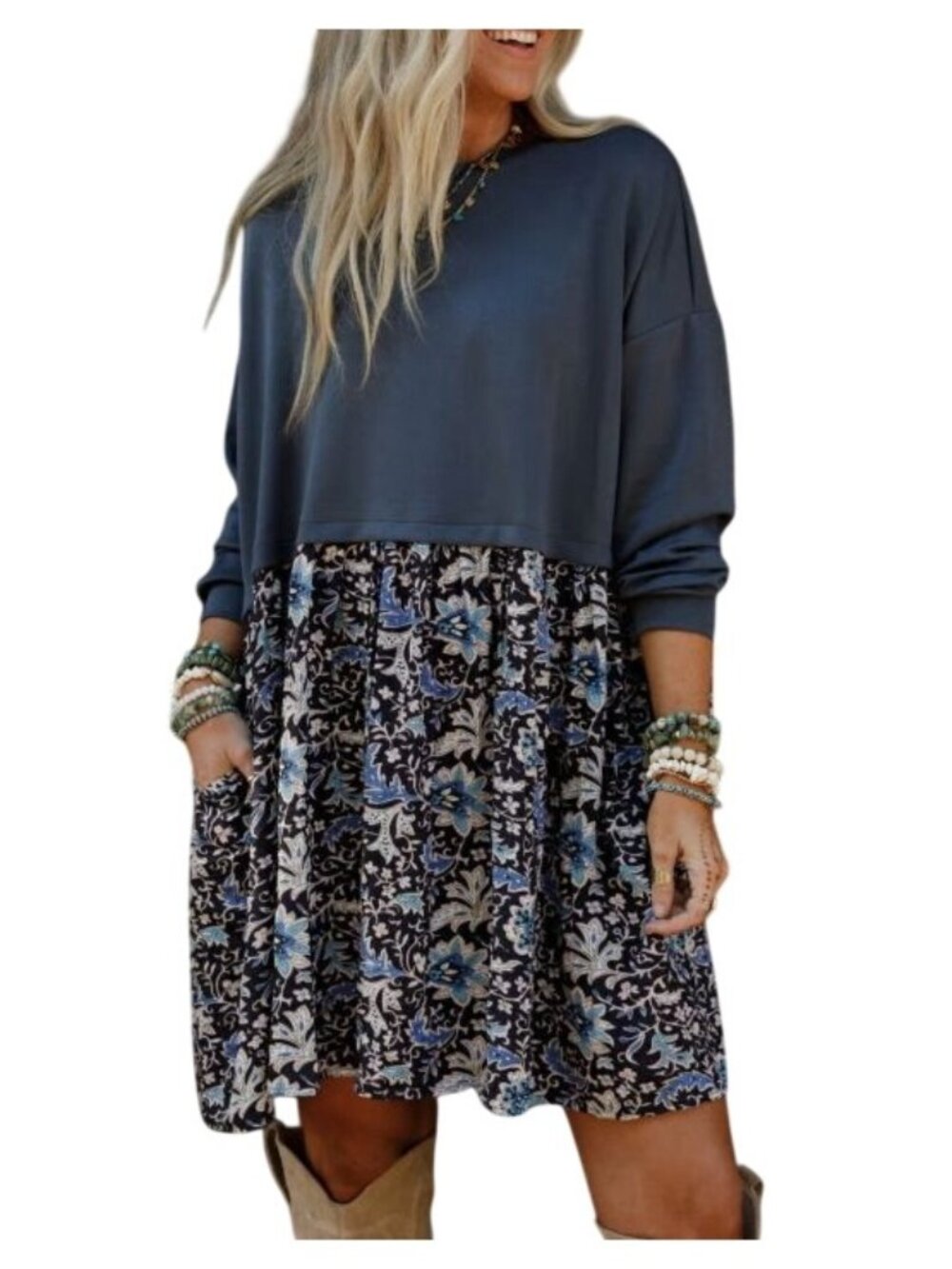 J. Nna Cozy Blooms Contrast Dress Large Floral Long Sleeve Pullover Hippie NEW